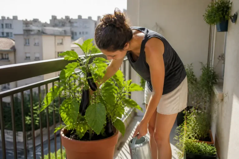 Un jardinier s'occupe d'un pied d'aubergine en pot sur un balcon ensoleillé.