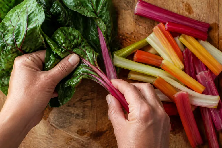 Mains préparant une blette multicolore en séparant les feuilles des cardes colorées.