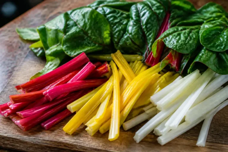 Préparation de blettes multicolores fraîches coupées sur une planche en bois pour la cuisson.