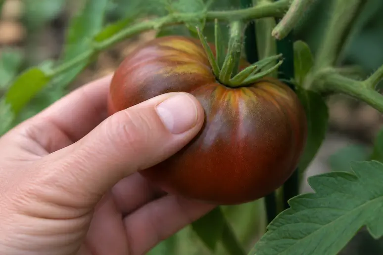 Main pressant délicatement une tomate Cherokee Purple pour évaluer sa maturité.