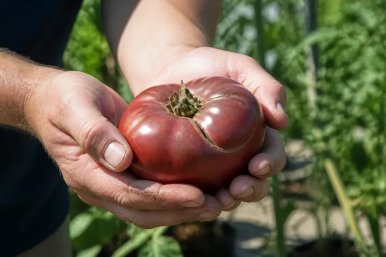 Mains de jardinier tenant une tomate Cherokee Purple craquelée, prête à être cueillie.