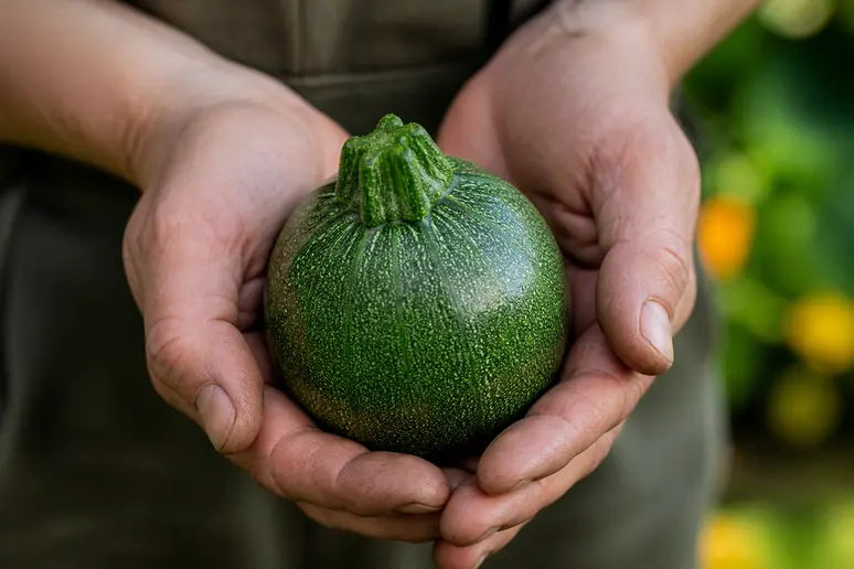 Main tenant une courgette ronde de Nice de taille idéale pour une chair tendre.