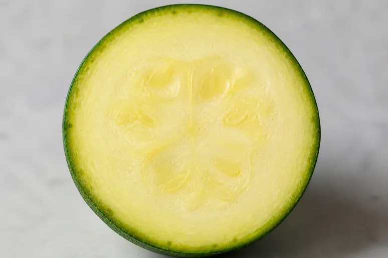 Tranche de courgette ronde de Nice saine, d'une couleur jaune pâle uniforme.