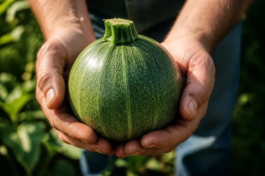 Mains tenant une courgette ronde de Nice mûre, prête à être cueillie.