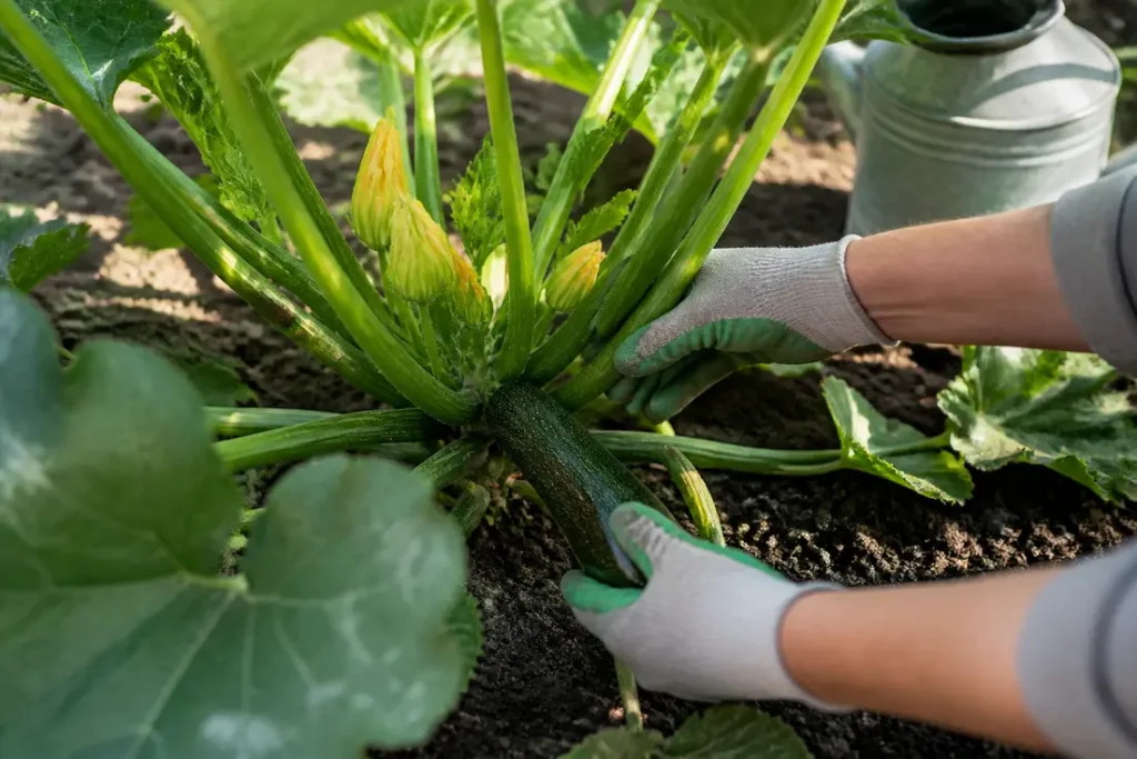 Mains gantées entretenant une plante de courgette verte noire maraîchère en pleine terre.