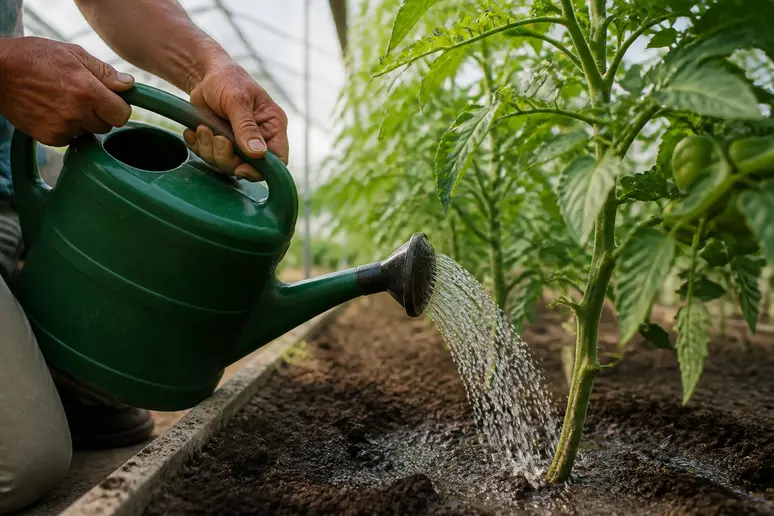Arrosage au pied d'un plant de tomate pour éviter les à-coups hydriques responsables du cul noir.