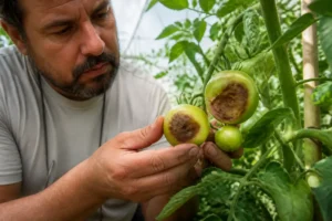 Examen de plants de tomates atteints par le cul noir tomate cause de troubles d'arrosage