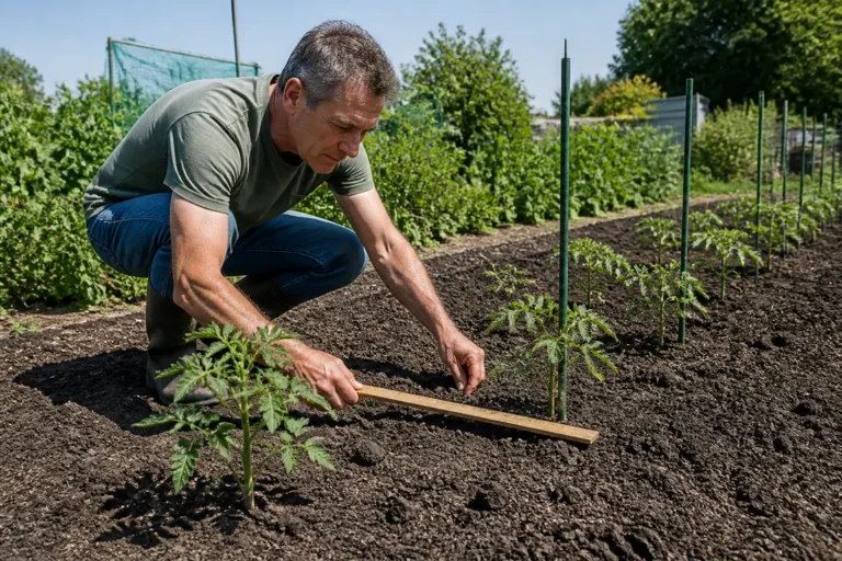Jardinier mesurant l'espacement pieds tomates entre les jeunes plants alignés en pleine terre