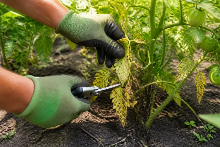 Jardinier retirant les feuilles tomates jaunes abîmées sur un pied de tomate au potager