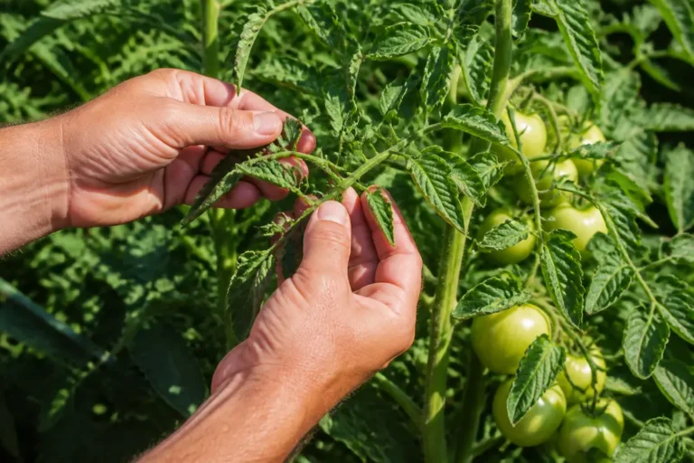 jardinier observant de près des feuilles tomates qui s'enroulent sur un pied de tomate