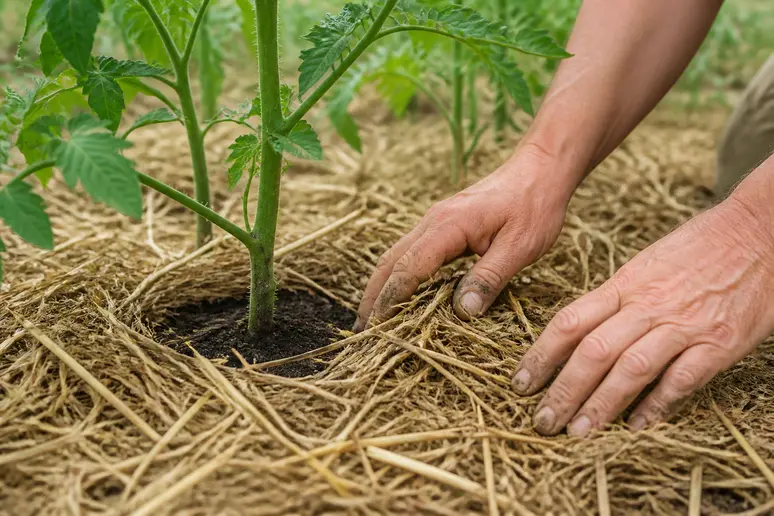 Mains ecartant la paille autour de la tige d'un pied de tomate pour laisser la terre nue