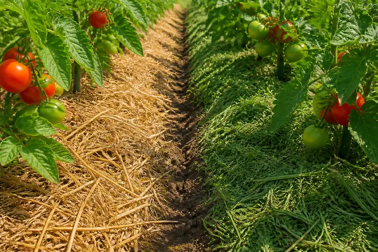 Tas de paille dores et de foin vert poses sur le sol d'un potager avant le paillage