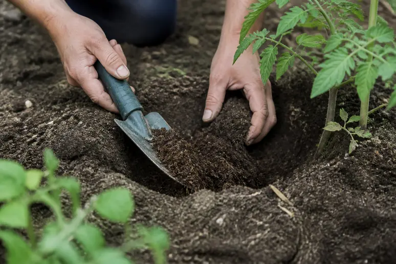 Jardinier creusant un trou de plantation enrichi en compost pour les tomates
