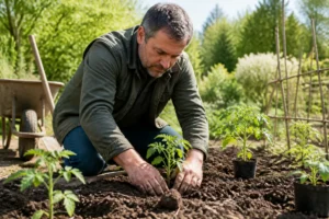 Jardinier en train de planter tomates pleine terre dans un potager ensoleillé au mois de mai