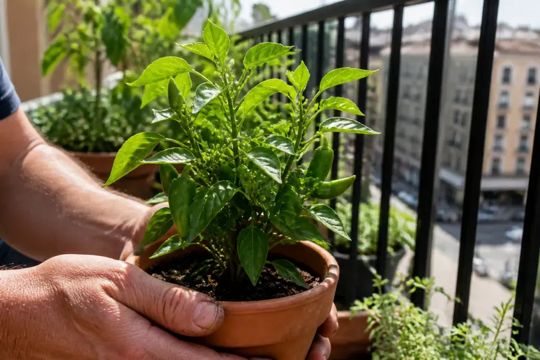 Mains tenant un plant de poivron en pot compact sur un balcon ensoleillé.