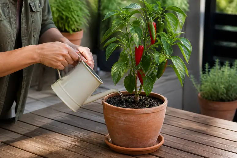 Arrosage au pied d'un poivron en pot sur une table de terrasse en bois.