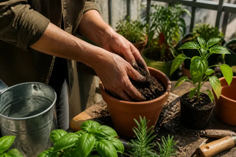Un jardinier prépare un poivron en pot sur une terrasse ensoleillée entourée de verdure.