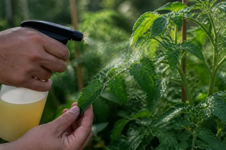 Jardinier pulvérisant un traitement naturel sur des pieds de tomates envahis par des pucerons tomate
