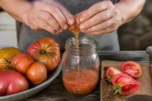Un jardinier en train de récolter graines tomates dans un bocal en verre sur une table en bois
