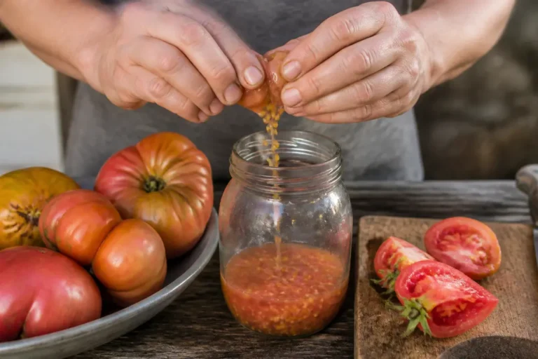 Un jardinier en train de récolter graines tomates dans un bocal en verre sur une table en bois