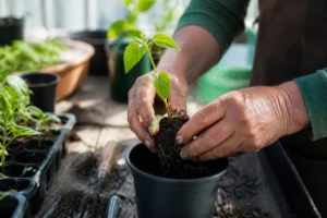Jardinier qui s'applique à repiquer poivron dans un petit godet de terreau