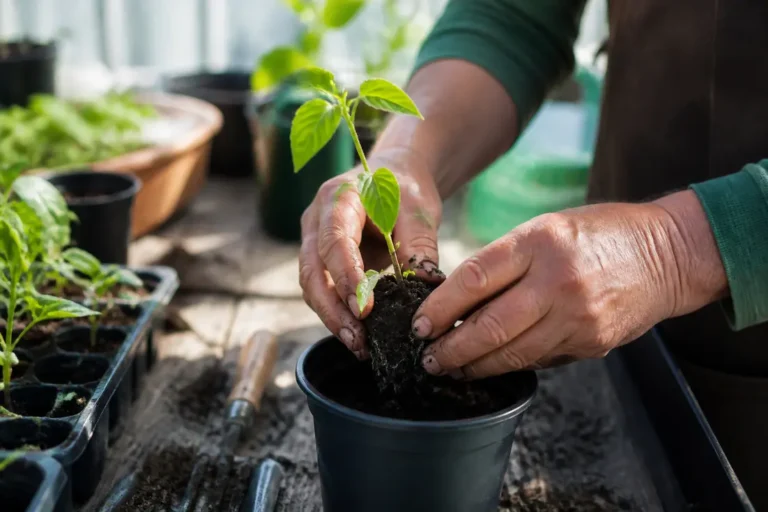 Jardinier qui s'applique à repiquer poivron dans un petit godet de terreau