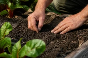 Un jardinier prépare un semis blette en plaçant délicatement les graines dans la terre du potager