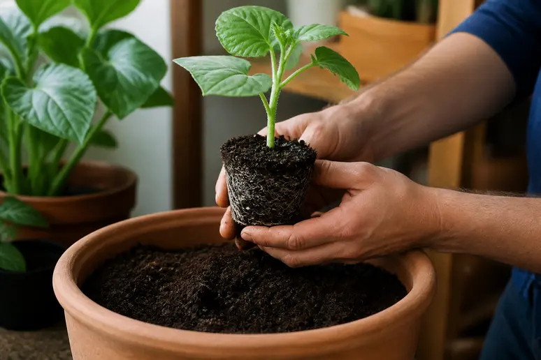 Repiquage d'un jeune plant de concombre en manipulant délicatement la motte de terre pour préserver les racines