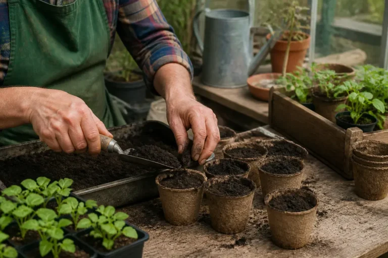 Un jardinier prépare la terre dans des petits pots pour un semis courgette godet sous serre
