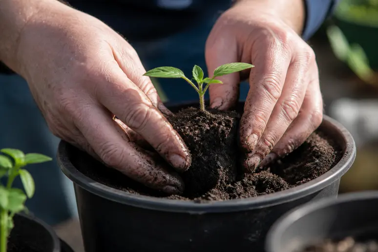 Mains expertes effectuant le repiquage de semis de tomates pour une meilleure croissance racinaire.