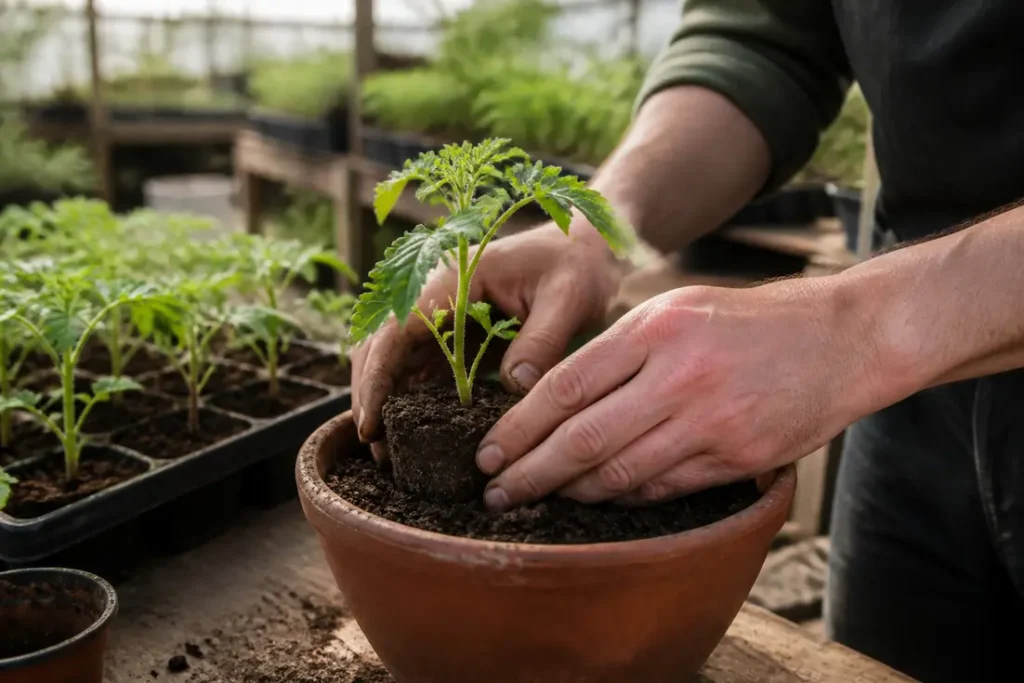 Mains expertes replantant des semis de tomates dans un pot, geste délicat.