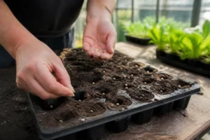 Mainons les mains d'un jardinier préparant un semis laitue dans une serre lumineuse.