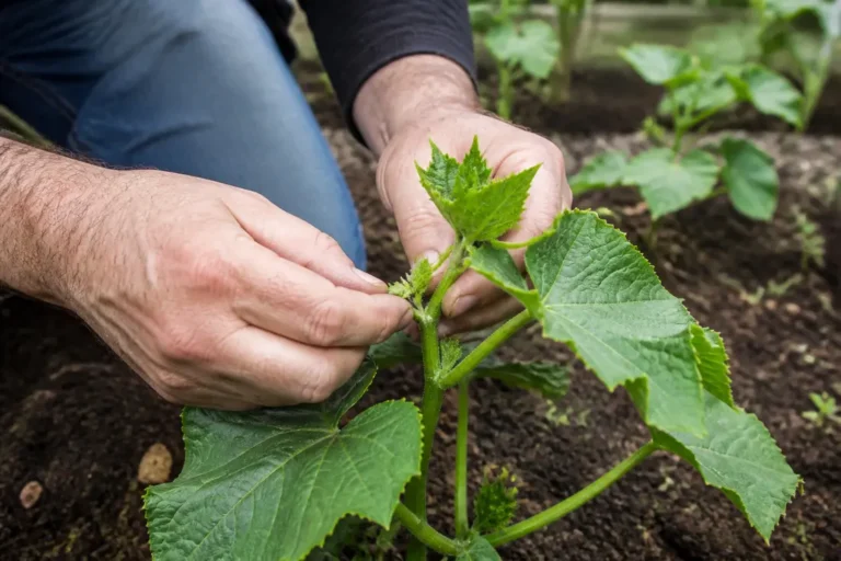 Jardinier en train de tailler concombre au potager en coupant délicatement les jeunes tiges