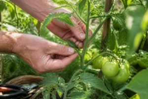 Jardinier en train de tailler tomates pour favoriser la croissance des fruits dans le potager