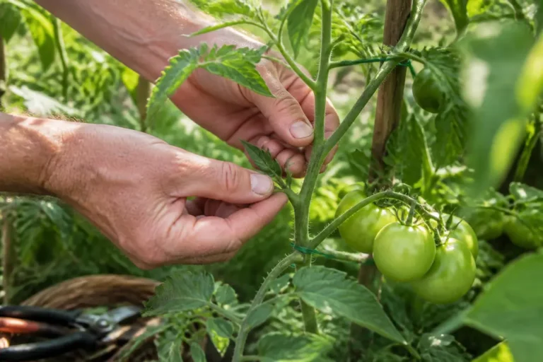 Jardinier en train de tailler tomates pour favoriser la croissance des fruits dans le potager