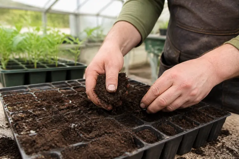 Mains remplissant des godets de terreau fin pour un semis de tomates
