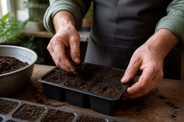 Mains de jardinier remplissant de terreau des godets pour le semis de tomates en intérieur