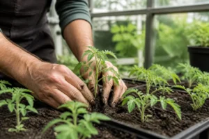 un jardinier prépare les plants pour une belle tomate cornue des andes culture au potager