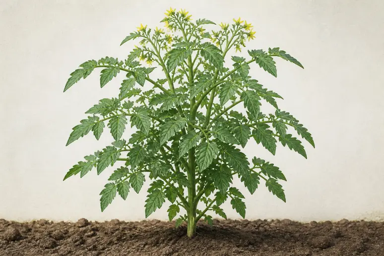 Silhouette d'un plant de tomate Heinz à port déterminé, montrant sa croissance buissonnante et compacte.