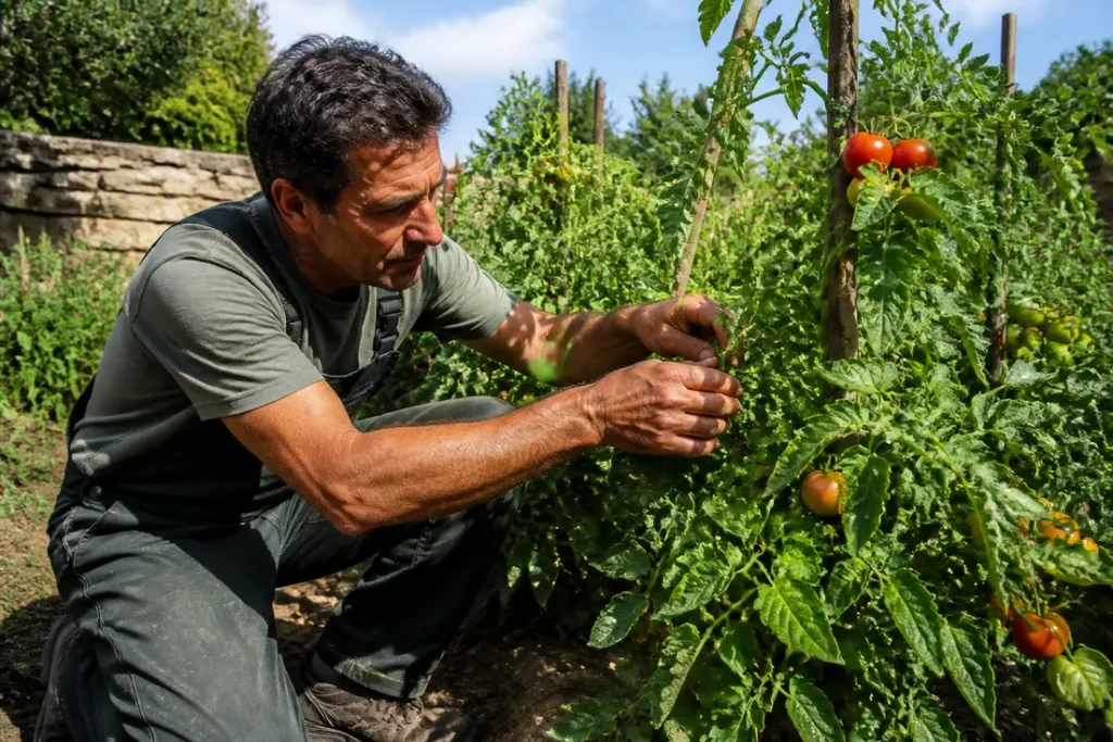 Un jardinier français inspecte attentivement ses plants de Tomate Heinz dans son potager.