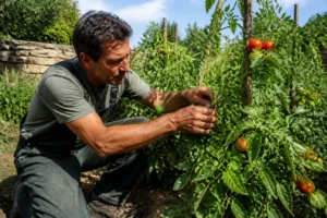 Un jardinier français inspecte attentivement ses plants de Tomate Heinz dans son potager.