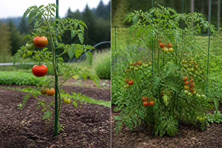 Comparaison visuelle : plant de tomate Stupice taillé vs. non taillé.