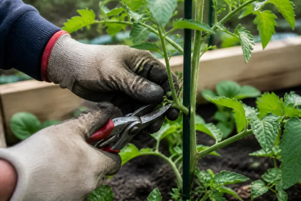 Mains de jardinier taillant les gourmands d'une Tomate Stupice dans un potager.