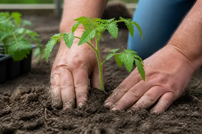 Plantation de la tomate Tangerine en pleine terre en enterrant une partie de la tige pour favoriser les racines.