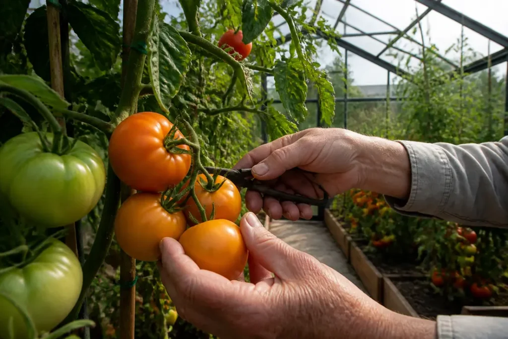 Cultiver la tomate Tangerine : mains cueillant des tomates mûres dans une serre.