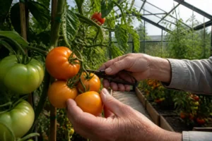 Cultiver la tomate Tangerine : mains cueillant des tomates mûres dans une serre.