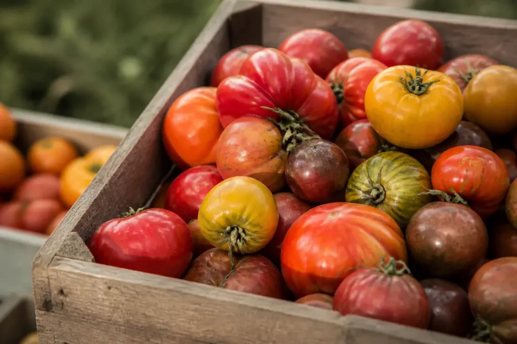 Gros plan de tomates anciennes colorées et variées dans une caisse en bois, issues d'une récolte.