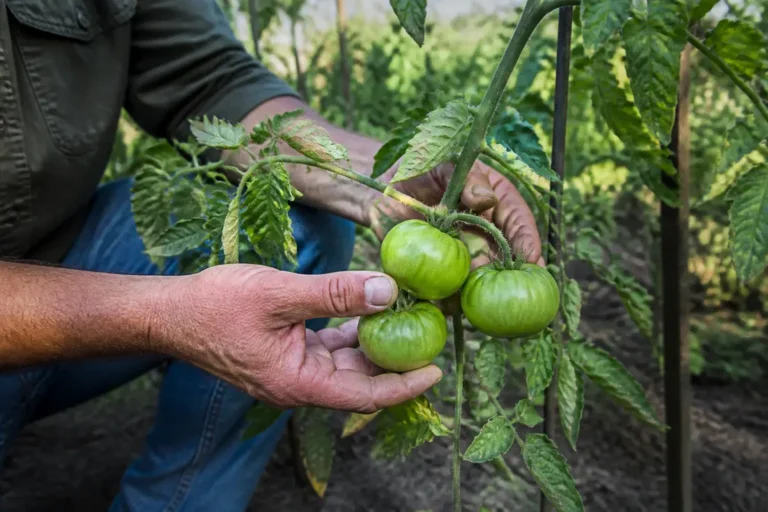 Un jardinier observe des tomates ne grossissent pas sur les plants du potager.