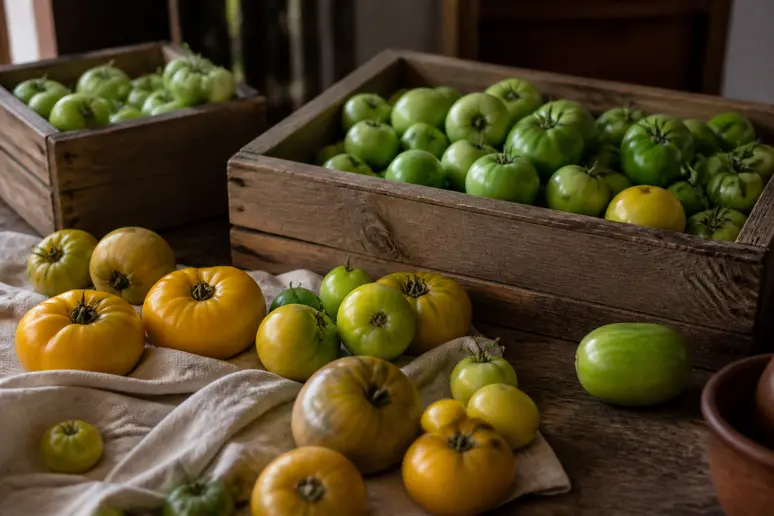 Tomates récoltées disposées dans une pièce tempérée pour achever leur mûrissement à l'intérieur