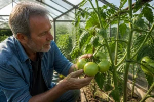 Un jardinier observe des grappes de fruits dans sa serre où des tomates ne rougissent pas malgré la chaleur estivale
